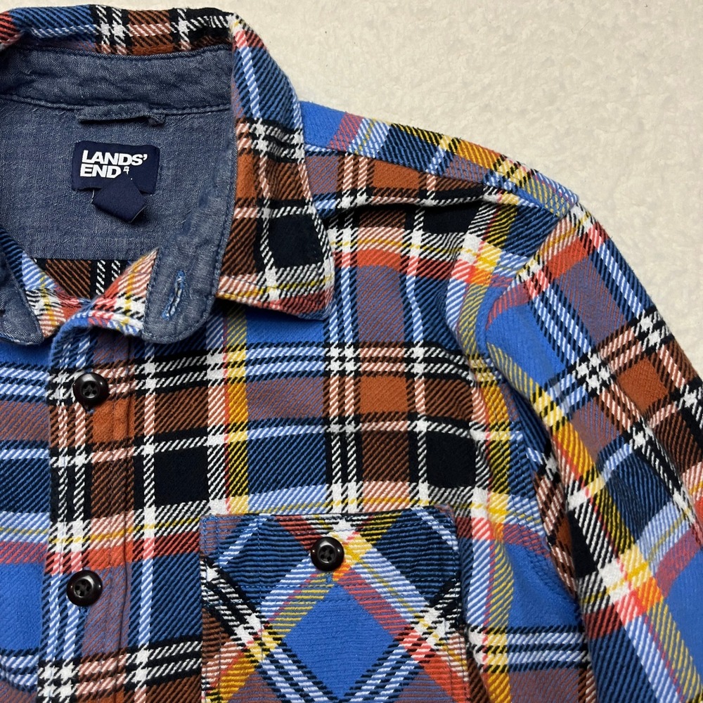 Lands End Flannel Shirt Mens M Blue Sea Cliff Blue Plaid‎ 511433 Traditional Fit